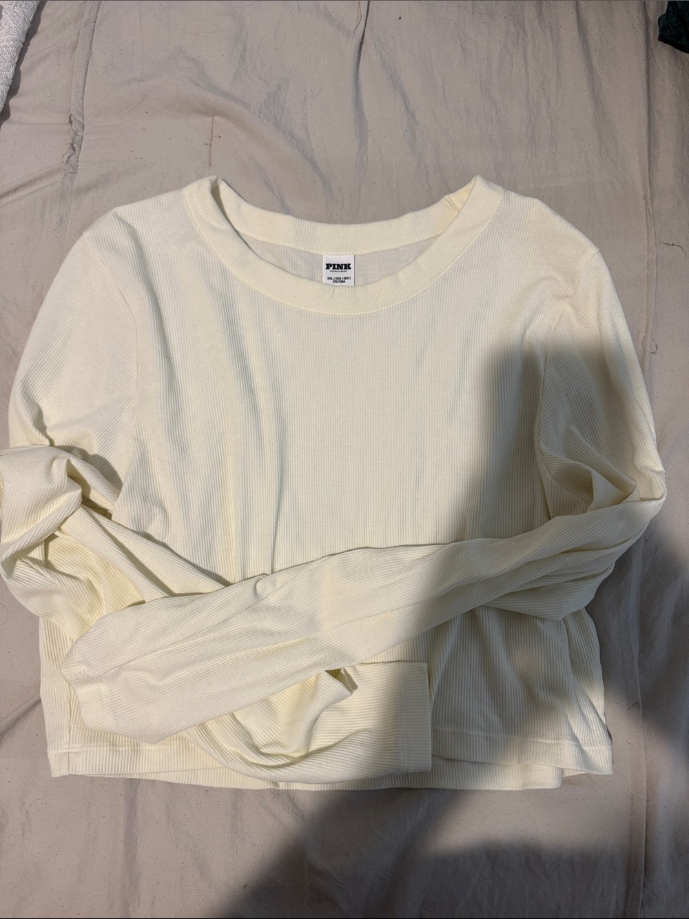 PINK Victoria's Secret Ribbed Long-Sleeve Crewneck Top in Cream